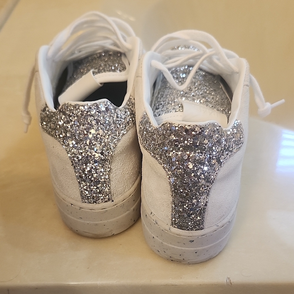 P448 Women's White Suede Sneakers with Silver Glitter Toe & Heel - Picture 3 of 8